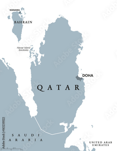 Qatar political map with capital Doha. State and sovereign country in Western Asia on northeastern coast of Arabian Peninsula. Gray illustration isolated on white background. English labeling. Vector.