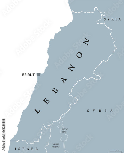 Lebanon political map with capital Beirut. Lebanese Republic, state in Western Asia at Mediterranean Sea, bordered by Syria and Israel. Gray illustration on white background. English labeling. Vector.