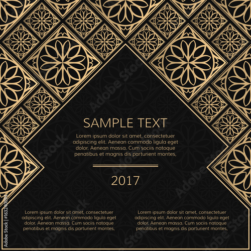Vector golden frame. Square vintage card for design. Premium background in luxury style with space for text. Floral tiles.