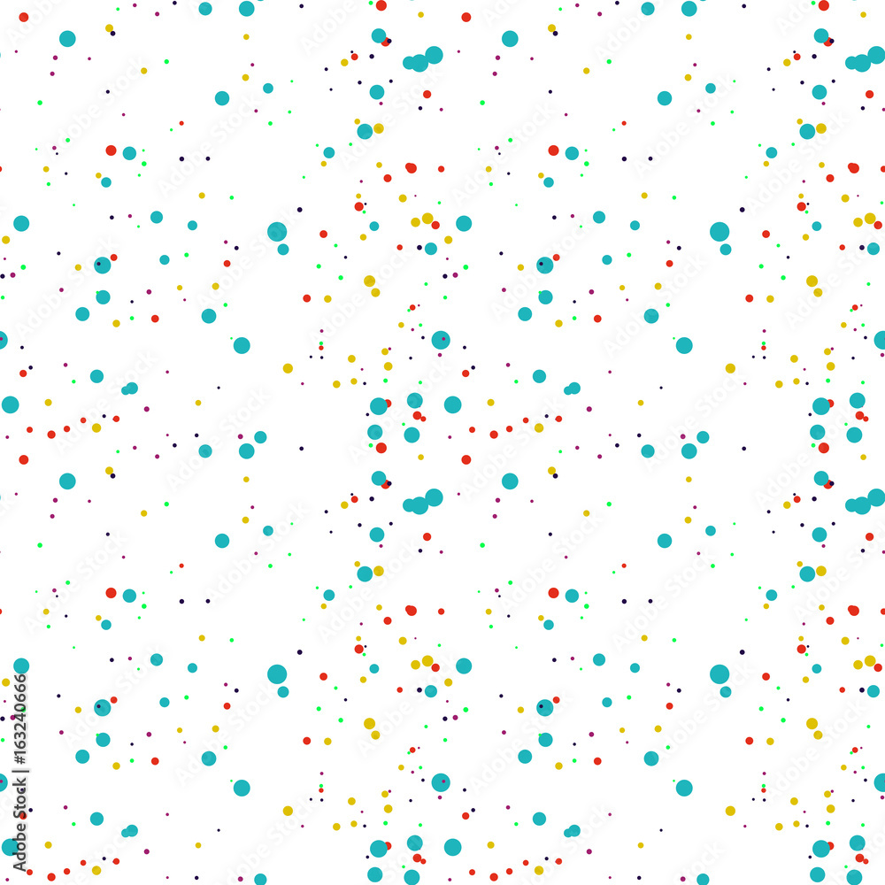 Blue, green, red, yellow turquoise, purple messy dots. Abstract colorful dotted seamless pattern. Round geometric seamless pattern on white background. Infinity geometrical. Vector illustration.