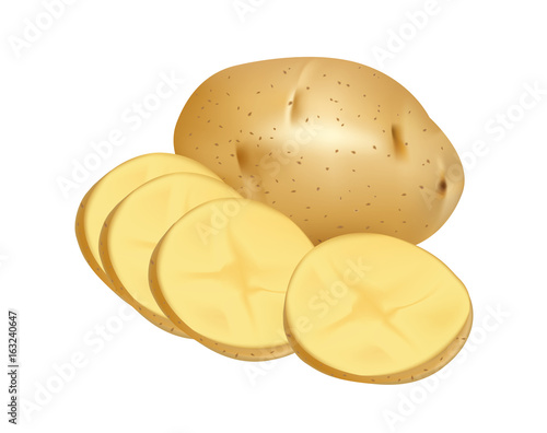 Potato and slices on white background