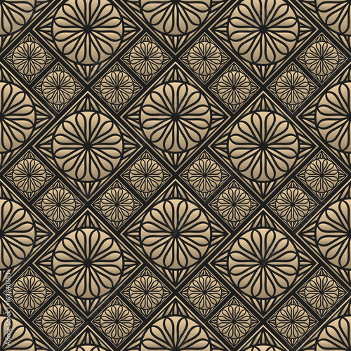 Seamless pattern oriental ornament. Black and golden textile print. Islamic vector design. Floral tiles.