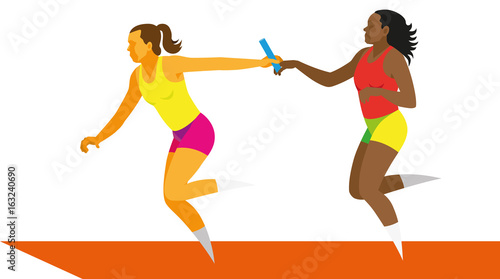 Two women sprinters run the athletics relay race at competitions