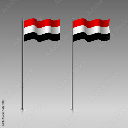 Yemen flag on the flagpole. Official colors and proportion correctly. High detailed vector illustration. 3d and isometry. EPS10
