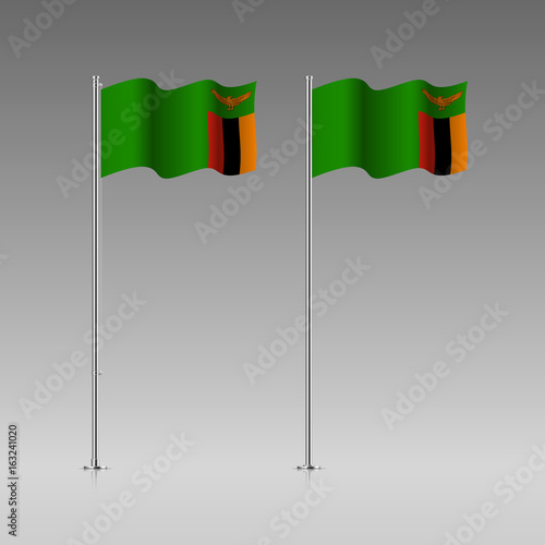 Zambia flag on the flagpole. Official colors and proportion correctly. High detailed vector illustration. 3d and isometry. EPS10