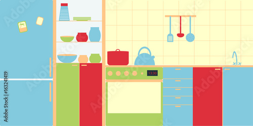 Vector image of kitchen interior in modern style. Simplicity and minimalism, bright colors. Depicted refrigerator, stove, dishes, Cutlery.