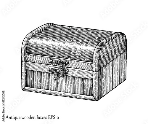 Antique wooden boxes hand drawing engraving style