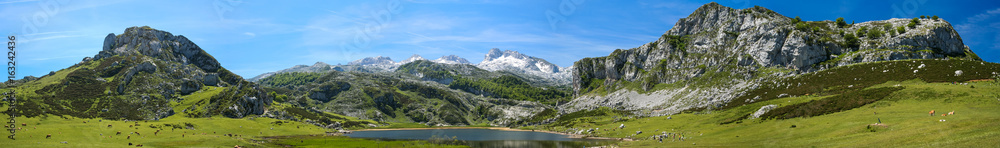 Panoramic photograph of the lakes of Covadonga in Asturias, Spain.