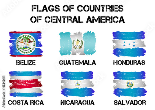 Set of flags of Central America countries from brush strokes in grunge style isolated on white background. Vector illustration