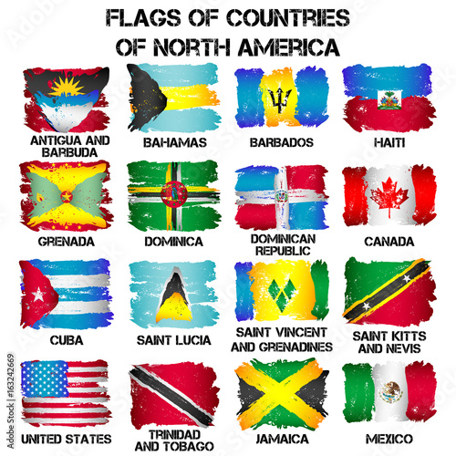 Set of flags of North America countries from brush strokes in grunge style isolated on white background. Vector illustration