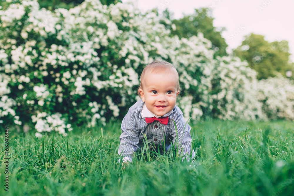 Portrait of a smiling little boy, lying on green grass
