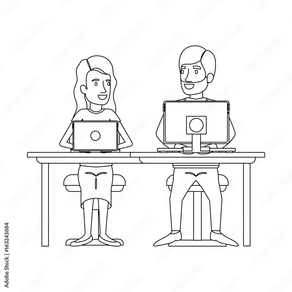 monochrome silhouette of teamwork of woman and man sitting in desk with tech devices and her with long wavy hair and him with beard and formal suit vector illustration monochrome silhouette of teamwork of woman and man sitting in desk with tech devices and her with long wavy hair and him with beard and formal suit vector illustration