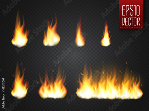 Fire flames isolated on transparent background. Vector realistic special effect