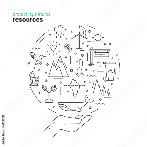 Protecting natural resources. Modern thin line design with elements of nature and ecology symbols. Vector illustration on white background.