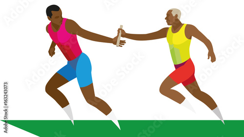 Two African American sprinter pass the baton during the athletics relay race