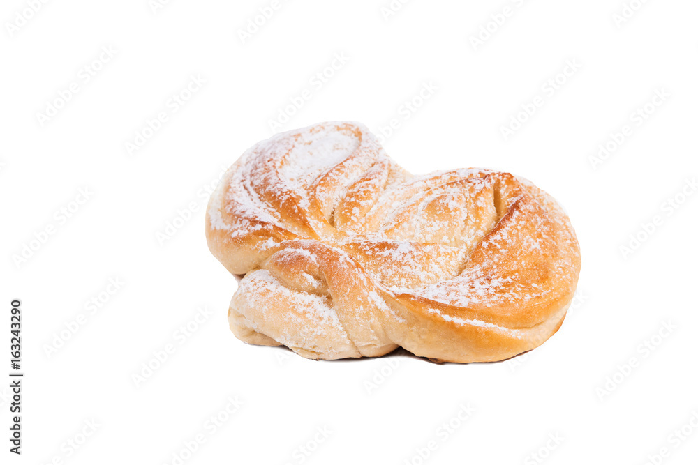 baked crusty rolls, top is dusted with sweet powdered sugar, white background, isolate baked crusty rolls, top is dusted with sweet powdered sugar, white background, isolate
