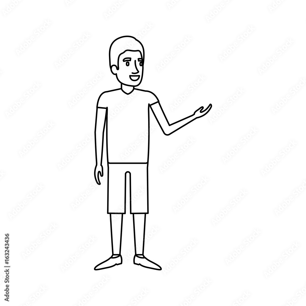 monochrome silhouette of man standing in casual clothes with short pants vector illustration