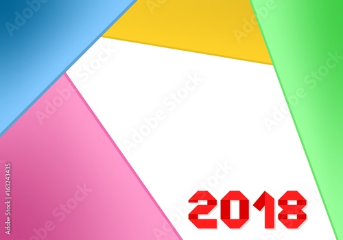 Design New year greetings for 2018 with dark and light geometric elements around with red lettering with folded numbers 2018 bottom right