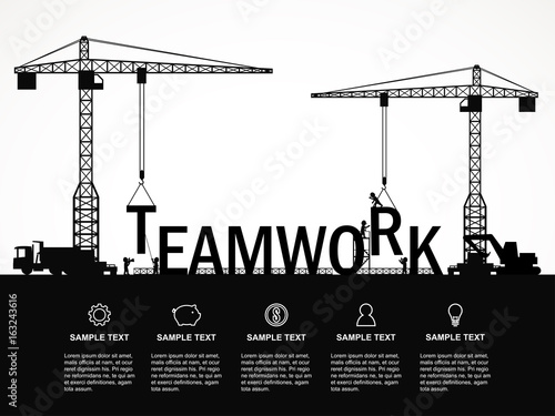 Crane and teamwork building. Infographic Template. Vector Illustration.