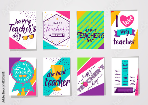 Vector illustration of color happy teachers day lettering typography card set