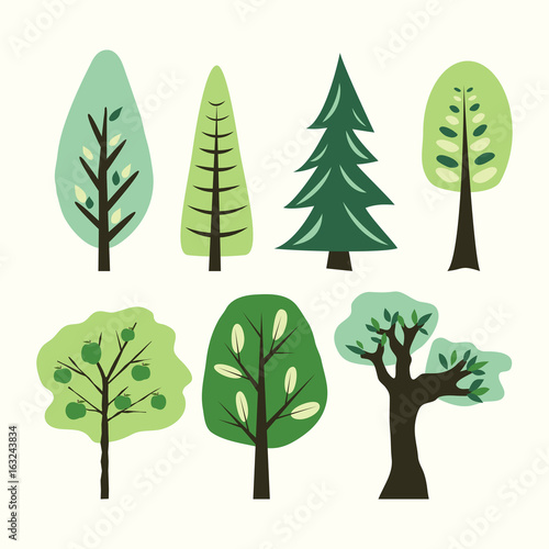 A set of different cartoon trees. Vector