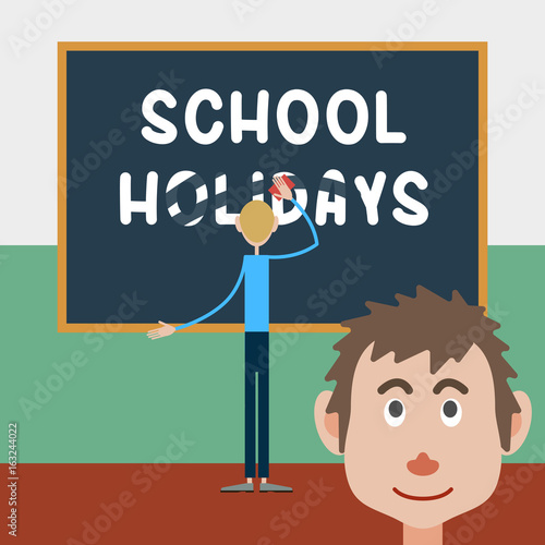 Schoolboy wipes a school board with the inscription - school holidays, and his friend emotionally looks at what is happening
