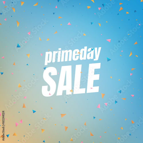 Prime day sale. Banner with flying confetti pieces and typography. Sale background