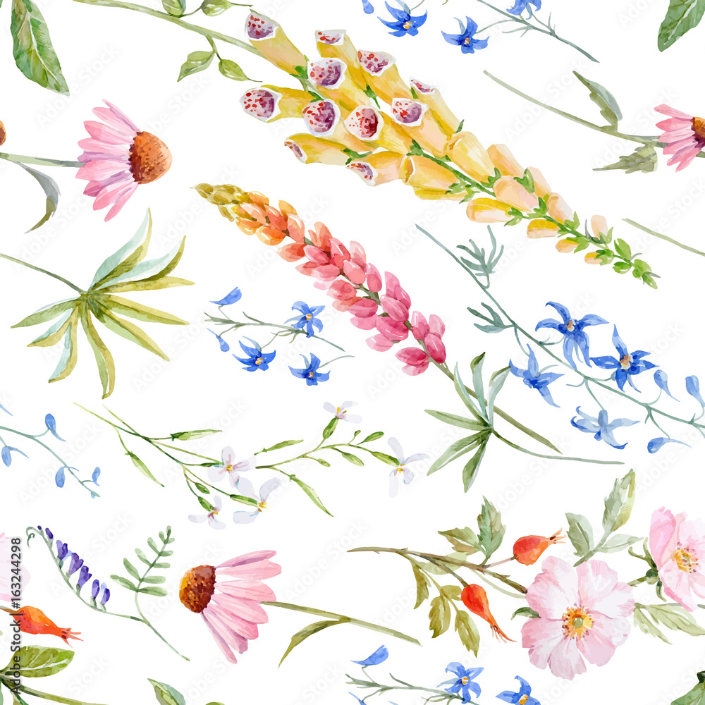 Obraz premium Watercolor floral summer vector pattern