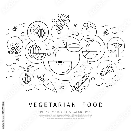 Digital vector black vegetable icons set infographics with drawn simple line art, onion squash pear orange apple grape carrot wallnut peas watermelon flower cabage, flat style, vegetarian food