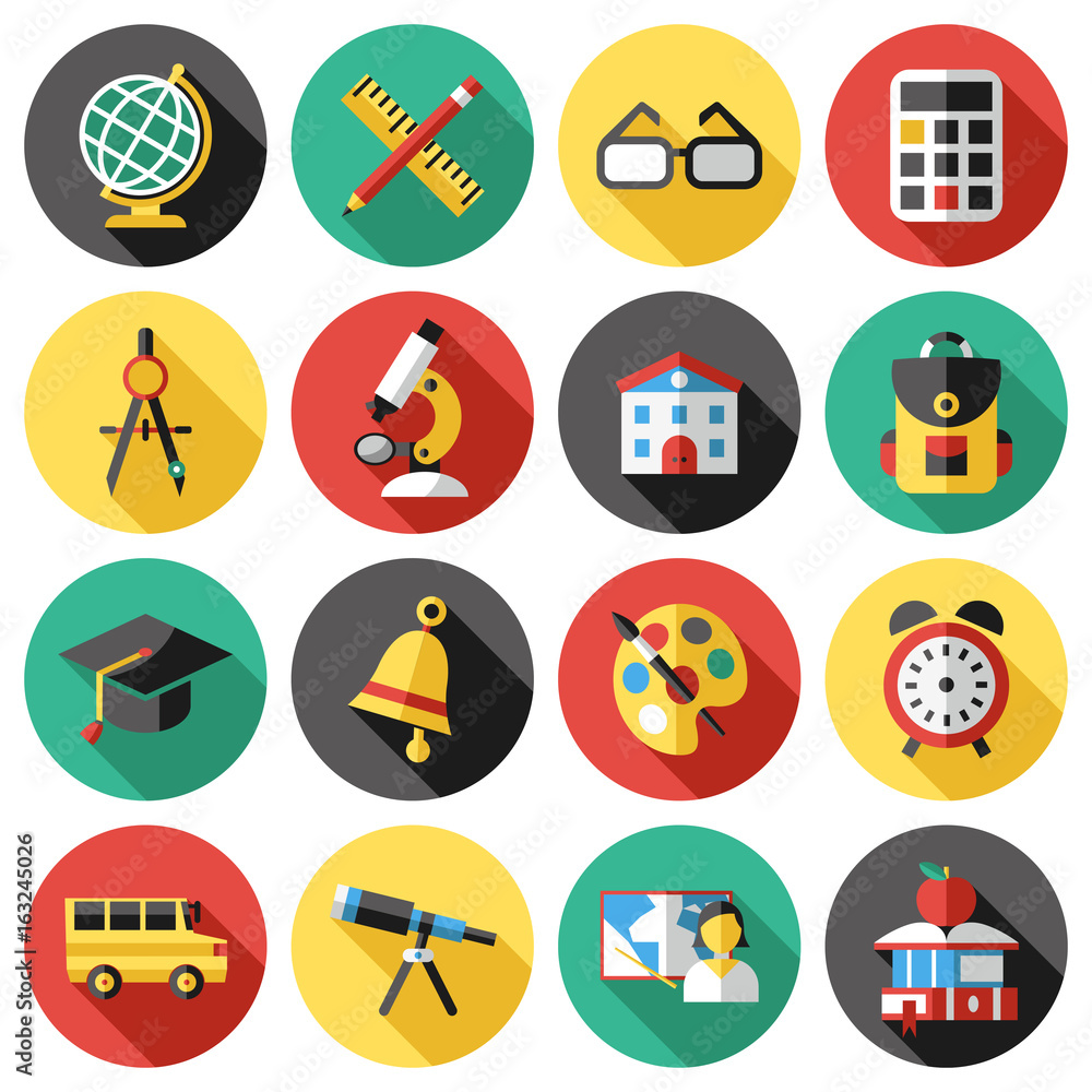 Digital vector red green blue school icons infographics with drawn simple line art, telescope map globe hat bell clock pen ruler book apple girl boy pupil brush calculator bus building bag, flat style