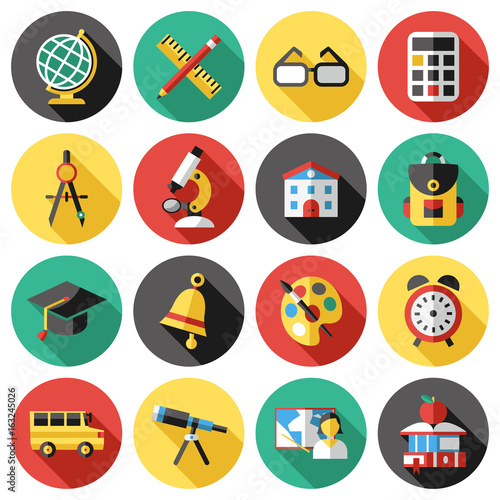 Digital vector red green blue school icons infographics with drawn simple line art, telescope map globe hat bell clock pen ruler book apple girl boy pupil brush calculator bus building bag, flat style