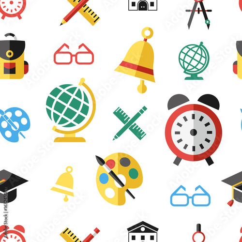 Digital vector green red yellow school icons with drawn simple line art seamless pattern, children map globe hat bell clock pen ruler book apple girl boy pupil brush bus bag, flat style