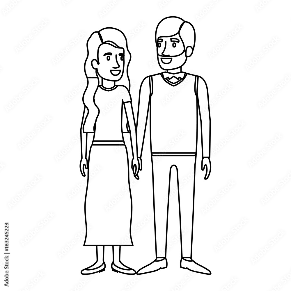 monochrome silhouette of man and woman standing and her with long wavy hair and him in formal clothes and beard vector illustration monochrome silhouette of man and woman standing and her with long wavy hair and him in formal clothes and beard vector illustration
