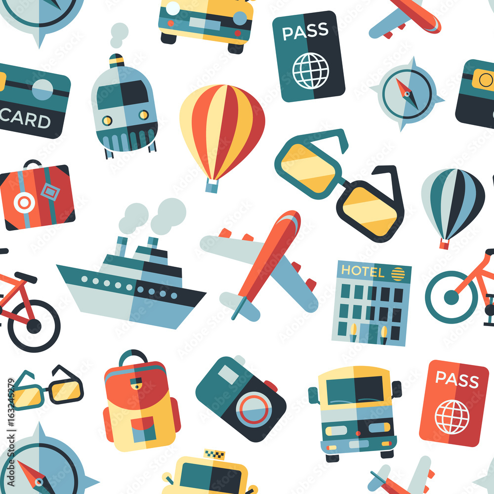 Digital vector green summer time travel icons set with drawn simple line art info graphic seamless pattern, ship boat camera balloon compass air plane map globe taxi card hotel, flat style Digital vector green summer time travel icons set with drawn simple line art info graphic seamless pattern, ship boat camera balloon compass air plane map globe taxi card hotel, flat style