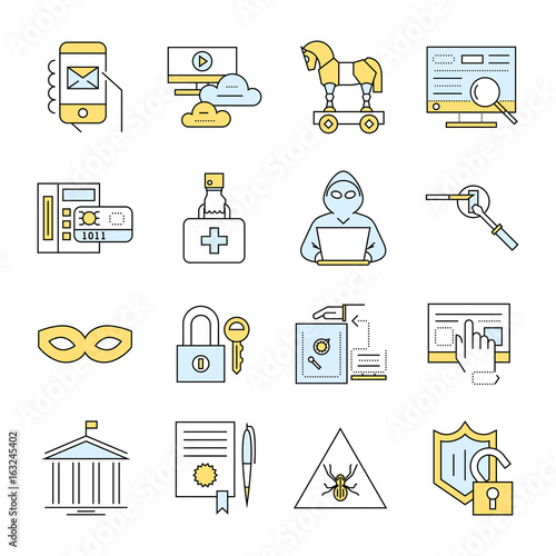 Digital vector blue internet security data protection icons set drawn simple line art info graphic poster, hacker user bug vulnerability mobile email trojan malware bank cloud spy intercept mask, flat