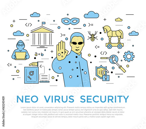 Digital vector color internet security data protection icons set drawn simple line art info graphic poster, hacker user bug vulnerability mobile email trojan malware cloud spy intercept mask, flat