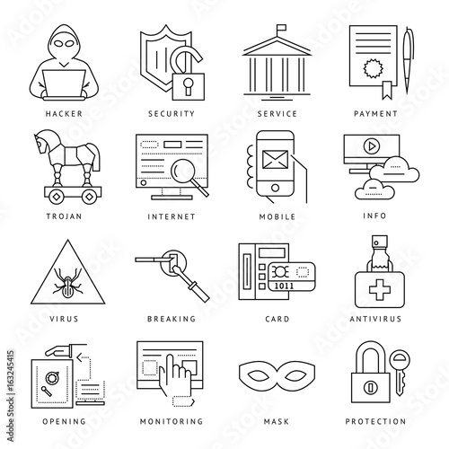 Digital vector internet security data protection icons set drawn simple line art info graphic poster, hacker user bug vulnerability mobile email trojan malware bank cloud spy intercept mask, flat