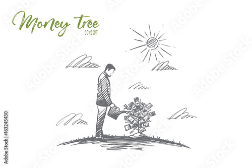 Money tree. Hand drawn growing money tree. A man watering money tree isolated vector illustration.