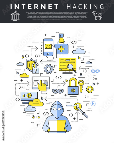 Digital vector blue internet security data protection icons set drawn simple line art info graphic poster, hacker user bug vulnerability mobile email trojan malware bank cloud spy intercept mask, flat