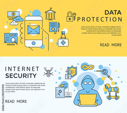Digital vector blue internet security data protection icons set drawn simple line art info graphic poster, hacker user bug vulnerability mobile email trojan malware bank cloud spy intercept mask, flat