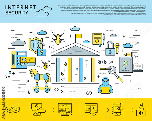 Digital vector blue internet security data protection icons set drawn simple line art info graphic poster, hacker user bug vulnerability mobile email trojan malware bank cloud spy intercept mask, flat
