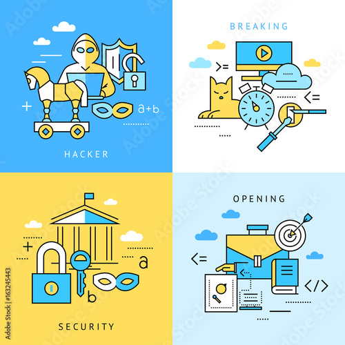 Digital vector blue internet security data protection icons set drawn simple line art info graphic poster, hacker user bug vulnerability mobile email trojan malware bank cloud spy intercept mask, flat