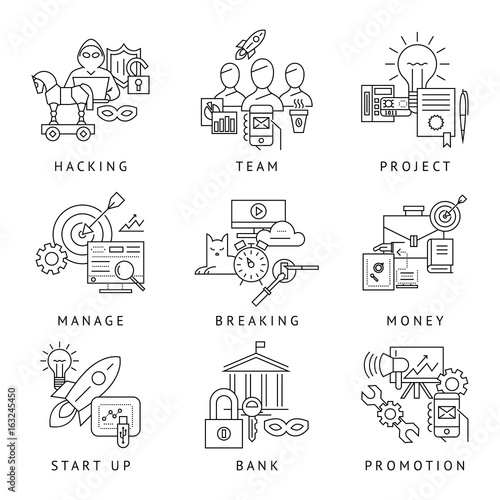 Digital vector blue internet security data protection icons set drawn simple line art info graphic poster, hacker user bug vulnerability mobile email trojan malware bank cloud spy intercept mask, flat