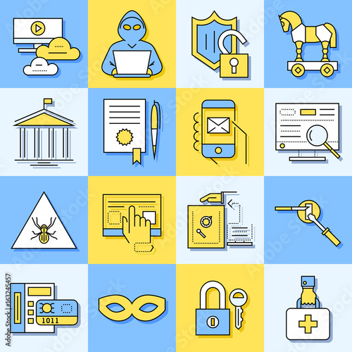 Digital vector blue internet security data protection icons set drawn simple line art info graphic poster, hacker user bug vulnerability mobile email trojan malware bank cloud spy intercept mask, flat