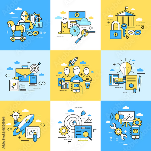 Digital vector blue internet security data protection icons set drawn simple line art info graphic poster, hacker user bug vulnerability mobile email trojan malware bank cloud spy intercept mask, flat