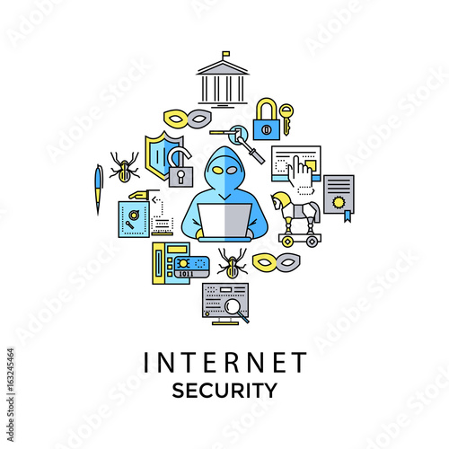 Digital vector blue internet security data protection icons set drawn simple line art info graphic poster, hacker user bug vulnerability mobile email trojan malware bank cloud spy intercept mask, flat