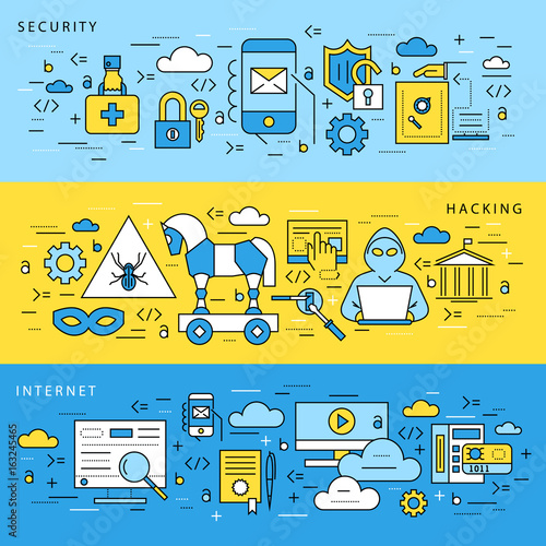 Digital vector blue internet security data protection icons set drawn simple line art info graphic poster, hacker user bug vulnerability mobile email trojan malware bank cloud spy intercept mask, flat
