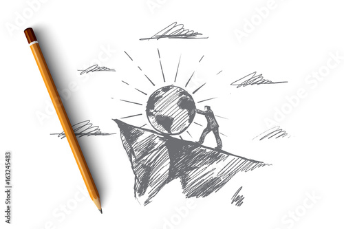 Planet concept. Hand drawn symbol of planet and man pushing it up. confident male pilot. Human-environment interaction isolated vector illustration.