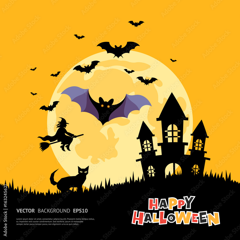 Digital vector yellow purple happy halloween icons with drawn simple line art info graphic, presentation with bats big moon, cat and pumpkin elements around promo template, flat style
