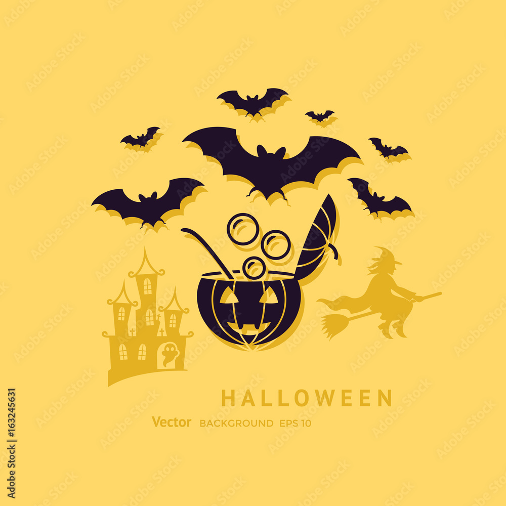 Digital vector yellow black happy halloween icons with drawn simple line art info graphic, presentation with bats, cat and pumpkin elements around promo template, flat style Digital vector yellow black happy halloween icons with drawn simple line art info graphic, presentation with bats, cat and pumpkin elements around promo template, flat style